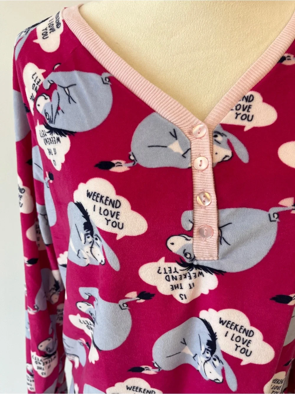 Womens Long Sleeve Pink Eeyore print lounge Pajama Top - Picture 2 of 5